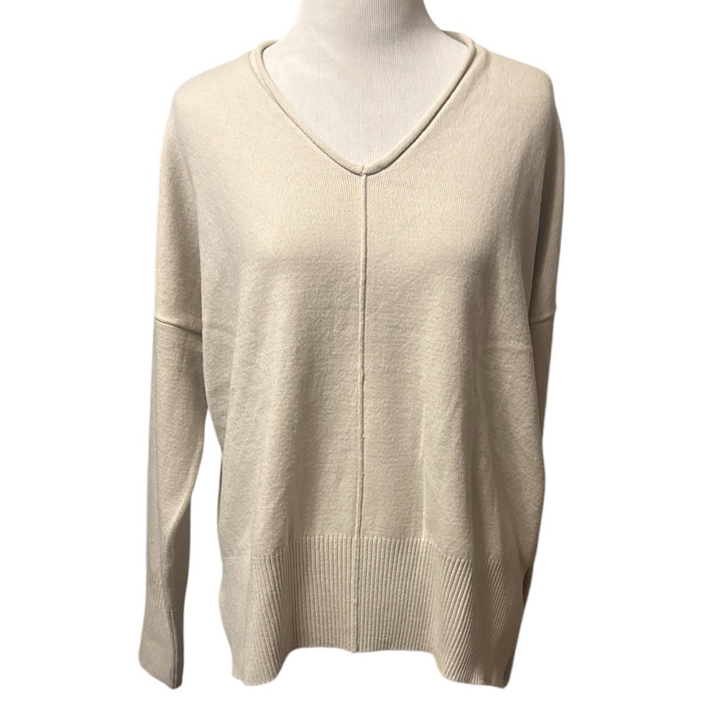 French Connection Elegant Cream V-Neck Sweater, slit sides, new